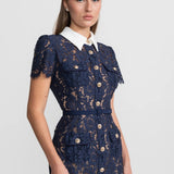 Floral Lace Midi Dress with Tailored Collar and Belted Waist - Navy