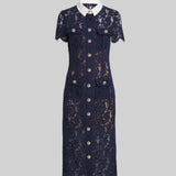 Floral Lace Midi Dress with Tailored Collar and Belted Waist - Navy