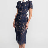 Floral Lace Midi Dress with Tailored Collar and Belted Waist - Navy