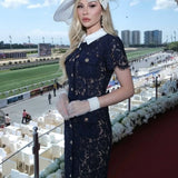 Floral Lace Midi Dress with Tailored Collar and Belted Waist - Navy