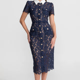 Floral Lace Midi Dress with Tailored Collar and Belted Waist - Navy