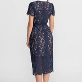 Floral Lace Midi Dress with Tailored Collar and Belted Waist - Navy