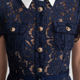 Floral Lace Midi Dress with Tailored Collar and Belted Waist - Navy