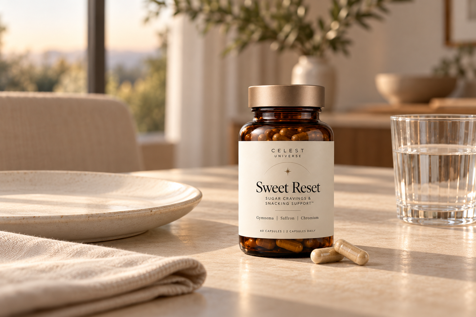 Sweet Reset amber bottle beside an empty ceramic plate and a glass of water on a light dining table