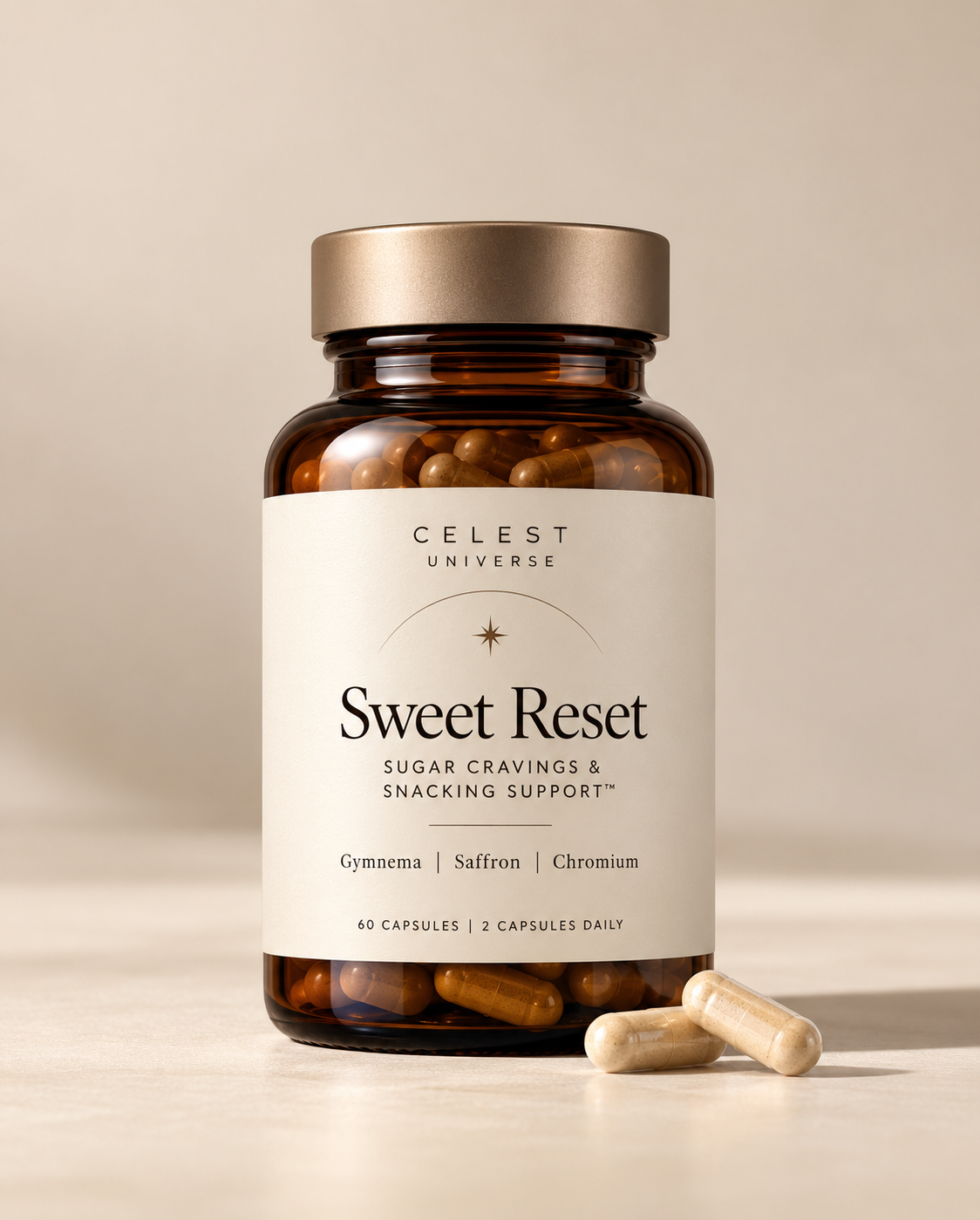 Celest Universe Sweet Reset amber bottle with champagne cap, ivory label and two capsules on a warm neutral surface