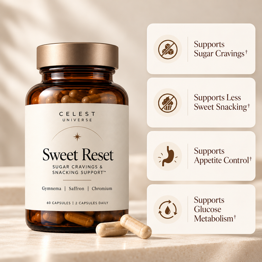 Celest Universe Sweet Reset bottle with capsules and four benefits: supports sugar cravings, less sweet snacking, appetite control and glucose metabolism